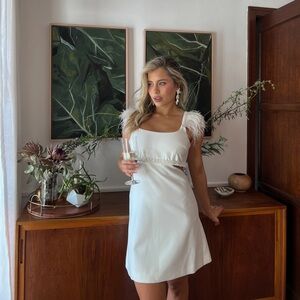 Likely Taliah White Feather-Trim Mini Dress